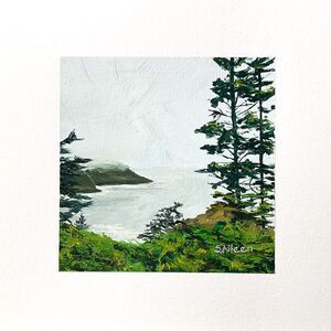 8x8 PNW Original Oil Painting Oregon Seascape Coastal Ocean Moody Gray Signed